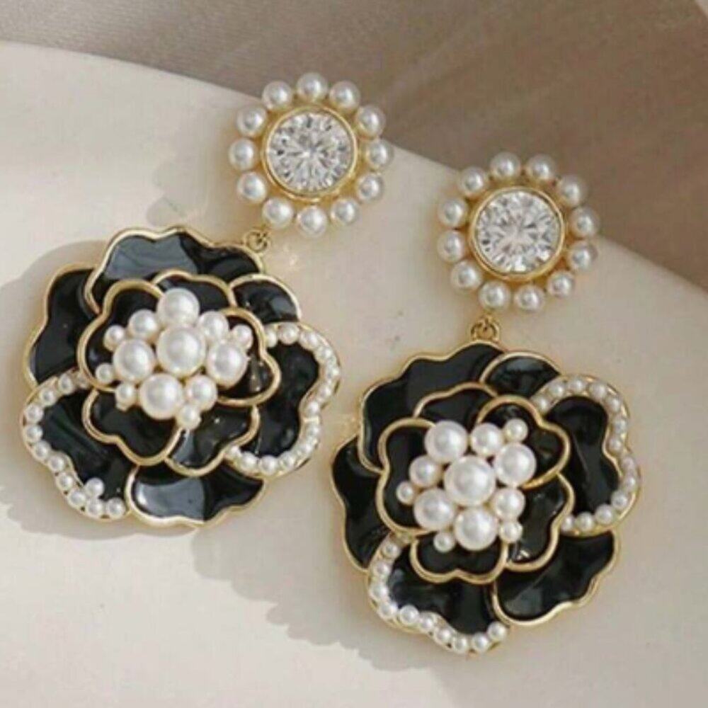 New Black Camellia Pearl Flower Drop Earrings Stainless Steel